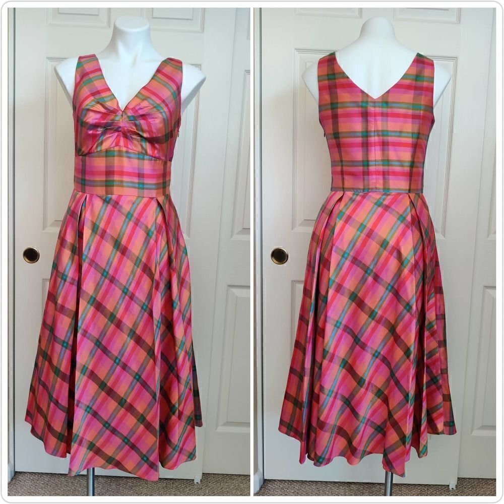 Coldwater Creek Retro Style 100% Silk Madres V-Neck Midi Dress sz 6